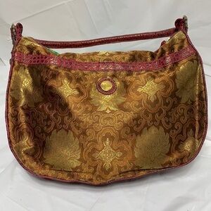 HOLII Green Orange Leather and Fabric Bag Eastern Indian Designs Gold leaf NWT